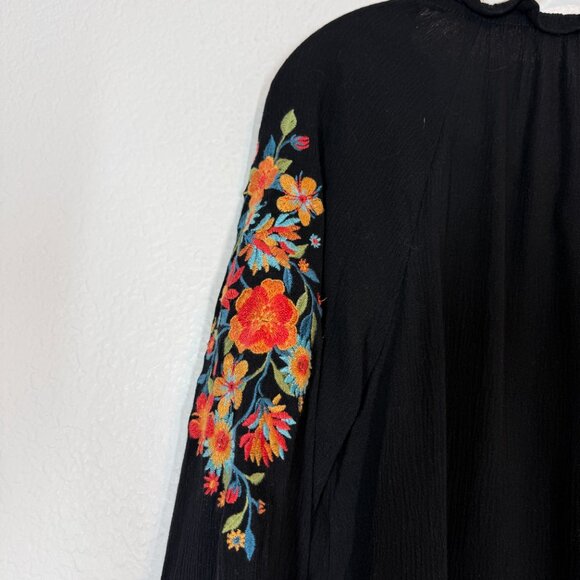 Savannah Jane Embroidered Black Boho Top Blouse Peasant Floral Lace Large - Picture 8 of 11